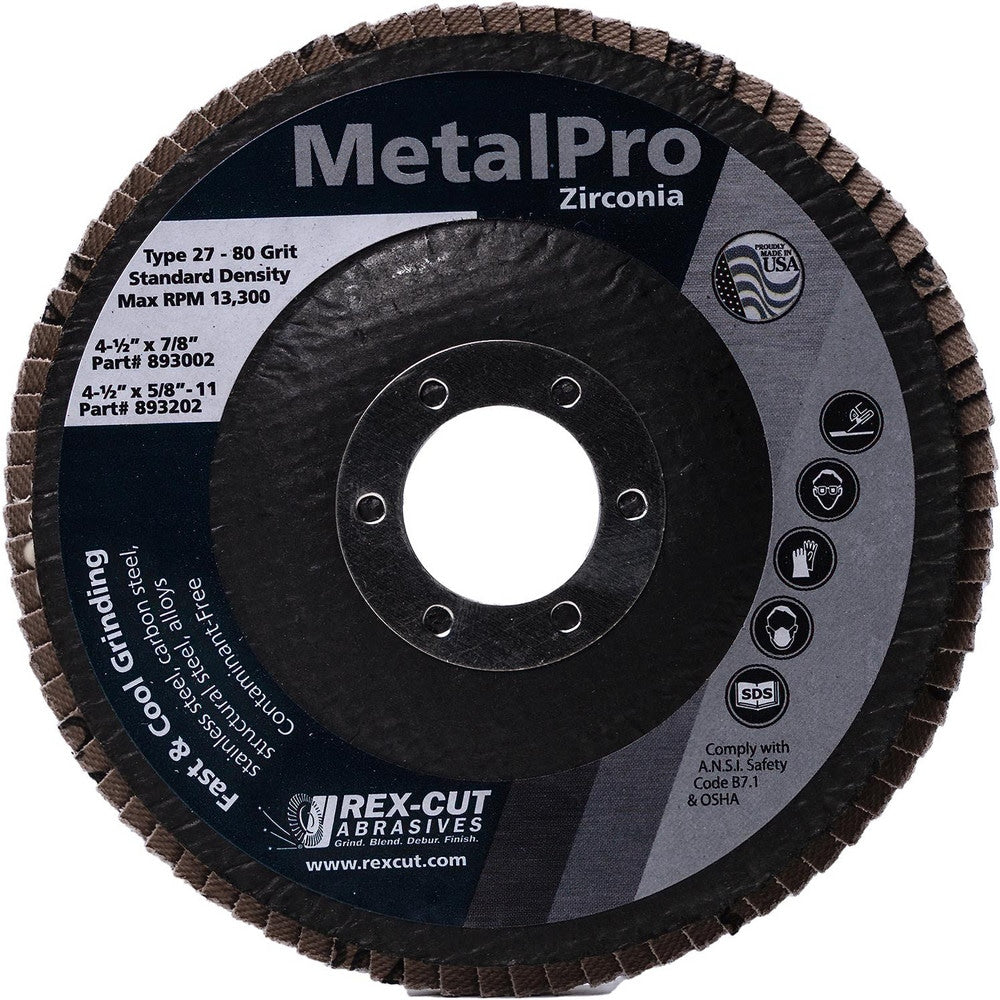 Flap Disc: 4-1/2" Dia, 7/8" Hole, 120 Grit, Zirconia Alumina, Type 27
