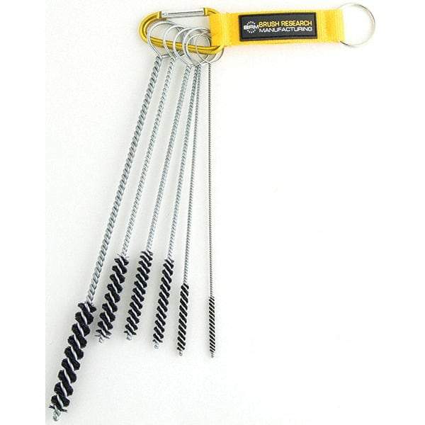 Brush Research Mfg. - 7/16" Diam Helical Nylon Tube Brush - Single Spiral, 0.168" Filament Diam, 3" Brush Length, 10" OAL, 0.168" Diam Galvanized Steel Shank - Benchmark Tooling