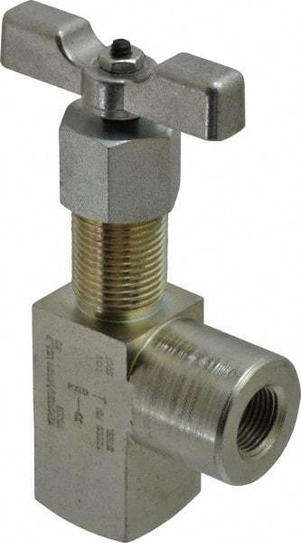 Made in USA - 3/8" Pipe, Angled Hard Seat Needle Valve - FNPT x FNPT Ends, Alloy Valve, 10,000 Max psi - Benchmark Tooling