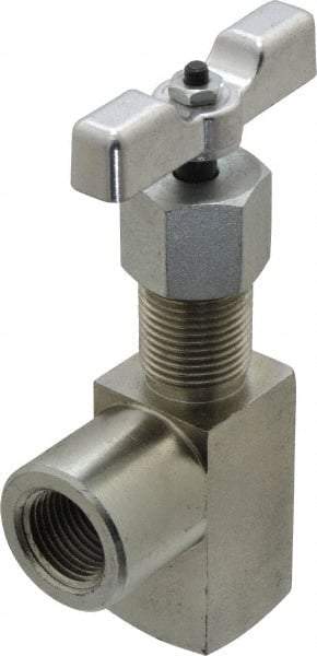 Made in USA - 1/2" Pipe, Angled Hard Seat Needle Valve - FNPT x FNPT Ends, Alloy Valve, 10,000 Max psi - Benchmark Tooling
