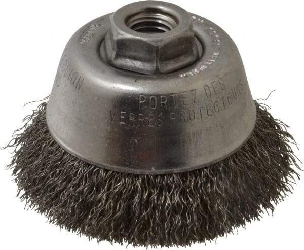 Osborn - 3-1/2" Diam, 5/8-11 Threaded Arbor, Steel Fill Cup Brush - 0.0118 Wire Diam, 1" Trim Length, 7,500 Max RPM - Benchmark Tooling