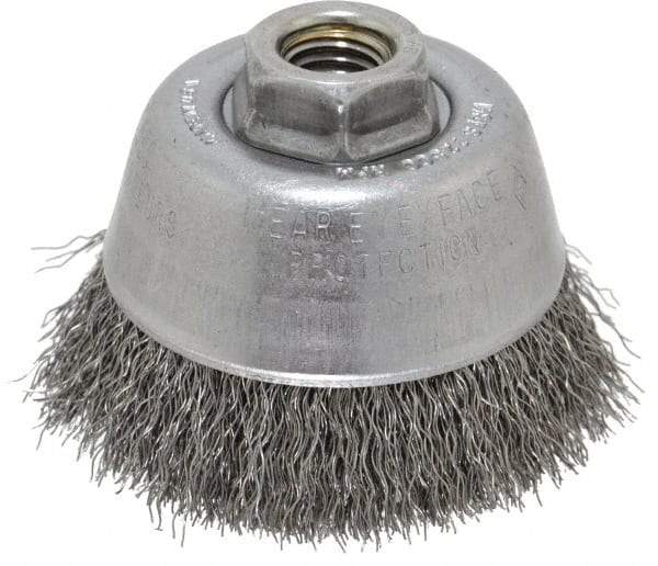 Osborn - 3-1/2" Diam, 5/8-11 Threaded Arbor, Steel Fill Cup Brush - 0.014 Wire Diam, 7/8" Trim Length, 14,000 Max RPM - Benchmark Tooling