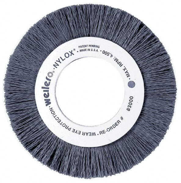 Weiler - 4" OD, 5/8" Arbor Hole, Nylon Wheel Brush - 5/8" Face Width, 1" Trim Length, 0.022" Filament Diam, 6,000 RPM - Benchmark Tooling