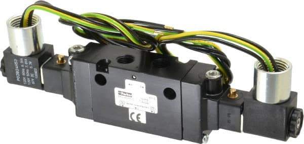 Parker - 1/4" Inlet x 1/4" Outlet, Double Solenoid Actuator, Solenoid Return, 2 Position, Body Ported Solenoid Air Valve - 120 VAC Input, 88 CFM, 1.4 CV, 4 Way, 145 psi, 7-3/10" Long x 1.15" Wide x 3.97" High, 0 to 160°F - Benchmark Tooling