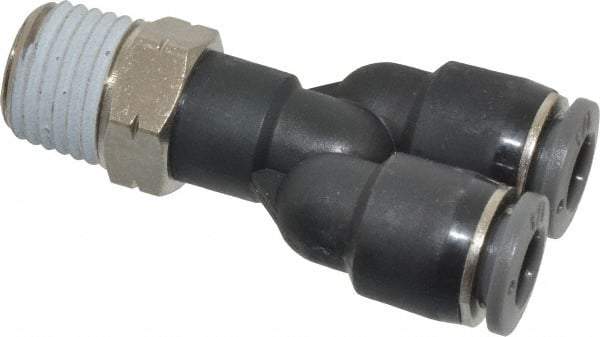 Norgren - 1/4" Tube OD, 1/4 NPTF Brass Push-to-Connect Tube Male Parallel Y - Tube to Male NPT Connection, 150 Max psi, Nitrile O-Ring, 0 to 175°F Working Temp - Benchmark Tooling