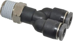 Norgren - 1/4" Tube OD, 1/4 NPTF Brass Push-to-Connect Tube Male Parallel Y - Tube to Male NPT Connection, 150 Max psi, Nitrile O-Ring, 0 to 175°F Working Temp - Benchmark Tooling