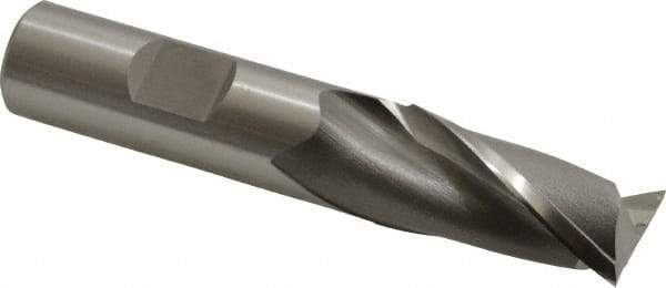 OSG - 11/16", 1-5/16" LOC, 5/8" Shank Diam, 3-7/16" OAL, 2 Flute, Vanadium High Speed Steel Square End Mill - Single End, Uncoated, Spiral Flute, 30° Helix, Centercutting, Right Hand Cut, Right Hand Flute, Series 573 - Benchmark Tooling