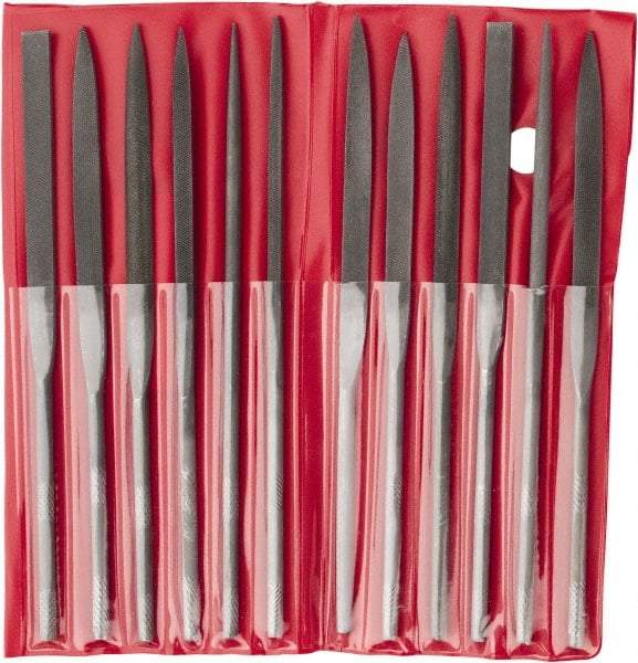 Value Collection - 12 Piece Swiss Pattern File Set - 6-1/4" Long, 2 Coarseness, Round Handle, Set Includes Barrette, Crossing, Equalling, Flat, Half Round, Knife, Round, Round Edge Joint, Slitting, Square, Three Square - Benchmark Tooling