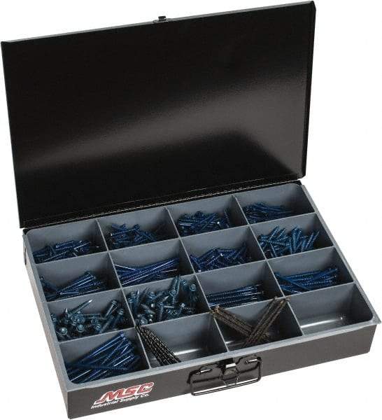 Value Collection - 910 Piece, 3/16 x 1-1/4 to 1/4x4, Steel Concrete Screw Assortment - Hex Washer Head, Slotted Drive, 1-1/4 to 4" Long, PTFE Finish - Benchmark Tooling