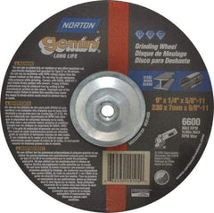 Norton - 9" Wheel Diam, 1/4" Wheel Thickness, Type 27 Depressed Center Wheel - Aluminum Oxide, 6,600 Max RPM, Compatible with Angle Grinder - Benchmark Tooling