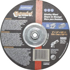 Norton - 9" Wheel Diam, 1/4" Wheel Thickness, Type 27 Depressed Center Wheel - Aluminum Oxide, 6,600 Max RPM, Compatible with Angle Grinder - Benchmark Tooling