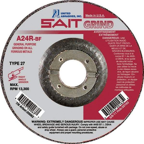 Sait - 24 Grit, 9" Wheel Diam, 1/4" Wheel Thickness, 7/8" Arbor Hole, Type 27 Depressed Center Wheel - Aluminum Oxide, Resinoid Bond, R Hardness, 6,600 Max RPM, Compatible with Angle Grinder - Benchmark Tooling