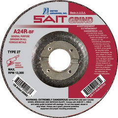 Sait - 24 Grit, 9" Wheel Diam, 1/4" Wheel Thickness, 7/8" Arbor Hole, Type 27 Depressed Center Wheel - Aluminum Oxide, Resinoid Bond, R Hardness, 6,600 Max RPM, Compatible with Angle Grinder - Benchmark Tooling