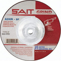Sait - 24 Grit, 7" Wheel Diam, 1/4" Wheel Thickness, Type 27 Depressed Center Wheel - Aluminum Oxide, Resinoid Bond, N Hardness, 8,500 Max RPM, Compatible with Angle Grinder - Benchmark Tooling