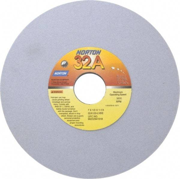 Norton - 7" Diam x 1-1/4" Hole x 1/2" Thick, L Hardness, 120 Grit Surface Grinding Wheel - Aluminum Oxide, Type 1, Fine Grade, 3,600 Max RPM, Vitrified Bond, No Recess - Benchmark Tooling