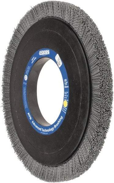 Osborn - 14" OD, 5-1/4" Arbor Hole, Crimped Nylon Wheel Brush - 1" Face Width, 1-1/4" Trim Length, 0.04" Filament Diam, 1,800 RPM - Benchmark Tooling