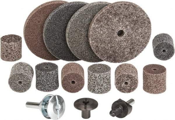 3M - 14 Piece Deburring Kit - 1 & 3" Diam Unitized Wheels in Fine, Medium & Coarse Grades, 1/4" Inch Shank Diam, Aluminum Oxide, Silicon Carbide, Mandrel Connection, Shank Included - Benchmark Tooling
