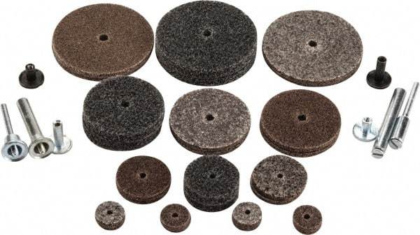 3M - 30 Piece Deburring Kit - 1/2, 1, 1-1/2 & 2" Diam Unitized Wheels in Fine, Medium & Coarse Grades, 1/8 & 1/4" Shank Diam, Aluminum Oxide & Silicon Carbide - Benchmark Tooling