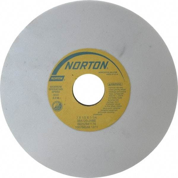 Norton - 7" Diam x 1-1/4" Hole x 1/2" Thick, J Hardness, 120 Grit Surface Grinding Wheel - Aluminum Oxide, Type 1, Fine Grade, 3,600 Max RPM, Vitrified Bond, No Recess - Benchmark Tooling