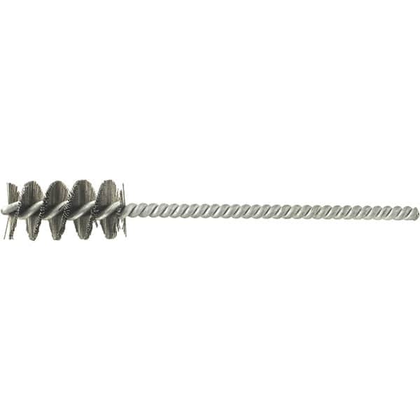 Brush Research Mfg. - 1-1/2" Diam Helical Stainless Steel Tube Brush - Single Spiral, 0.01" Filament Diam, 2-1/2" Brush Length, 6-1/2" OAL, 0.245" Diam Galvanized Steel Shank - Benchmark Tooling