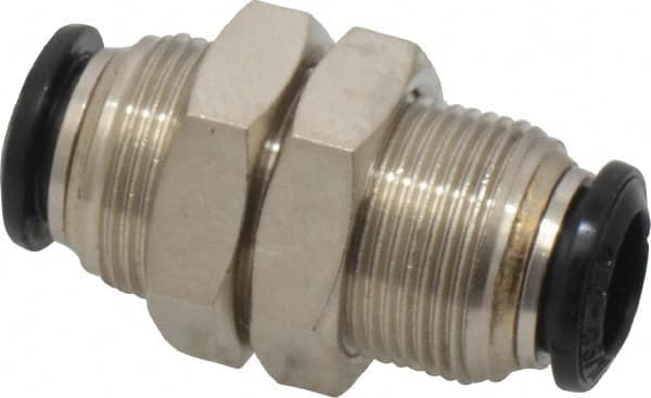 Alpha Technologies - 8mm Outside Diam, Nickel Plated Brass Push-to-Connect Tube Bulkhead Union - 250 Max psi, Tube to Tube Connection, Buna O-Ring - Benchmark Tooling