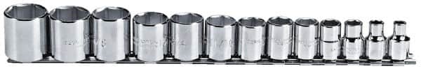 Proto - 13 Piece 3/8" Drive Chrome Finish Socket Set - 6 Points, 1/4" to 1" Range, Inch Measurement Standard - Benchmark Tooling