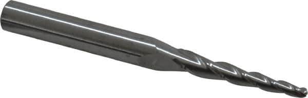 Accupro - 3° Taper Angle per Side, 3/32" Small End Diam, 1" LOC, Solid Carbide 3 Flute Tapered Ball End Mill - 2-1/2" OAL, 1/4" Shank Diam - Benchmark Tooling