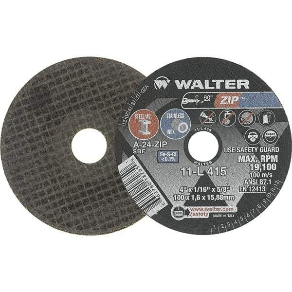 WALTER Surface Technologies - 4" 24 Grit Aluminum Oxide Cutoff Wheel - 1/16" Thick, 5/8" Arbor, 19,100 Max RPM, Use with Die Grinders - Benchmark Tooling
