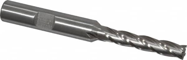 Interstate - 1/4", 1-1/4" LOC, 3/8" Shank Diam, 3-1/16" OAL, 4 Flute, High Speed Steel Square End Mill - Single End, Uncoated, Spiral Flute, 30° Helix, Centercutting, Right Hand Cut, Right Hand Flute - Benchmark Tooling