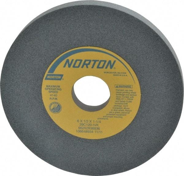 Norton - 6" Diam x 1-1/4" Hole x 1/2" Thick, I Hardness, 120 Grit Surface Grinding Wheel - Silicon Carbide, Type 1, Fine Grade, 4,140 Max RPM, Vitrified Bond, No Recess - Benchmark Tooling