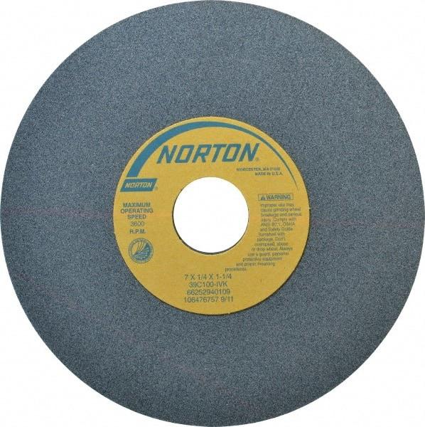 Norton - 7" Diam x 1-1/4" Hole x 1/4" Thick, I Hardness, 100 Grit Surface Grinding Wheel - Silicon Carbide, Type 1, Fine Grade, 3,600 Max RPM, Vitrified Bond, No Recess - Benchmark Tooling