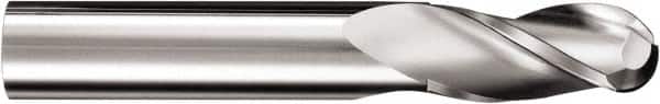 SGS - 3/8" Diam, 1/2" LOC, 3 Flute Solid Carbide Ball End Mill - TiB2 Finish, Single End, 4" OAL, 3/8" Shank Diam, Spiral Flute - Benchmark Tooling