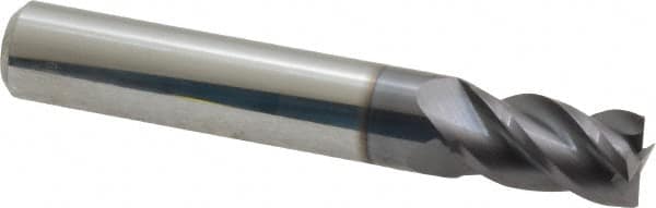 Accupro - 19/64", 1/2" LOC, 5/16" Shank Diam, 2" OAL, 4 Flute, Solid Carbide Square End Mill - Single End, AlTiN Finish, Spiral Flute, 40° Helix, Centercutting, Right Hand Cut, Right Hand Flute - Benchmark Tooling