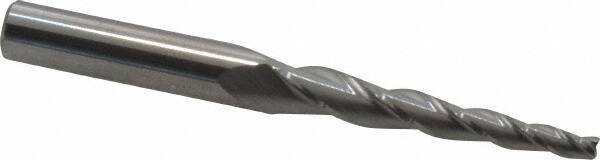 Accupro - 3° Taper Angle per Side, 1/8" Small End Diam, 1-1/2" LOC, Solid Carbide 3 Flute Tapered Square End Mill - 3-1/2" OAL, 3/8" Shank Diam, Spiral Flute - Benchmark Tooling