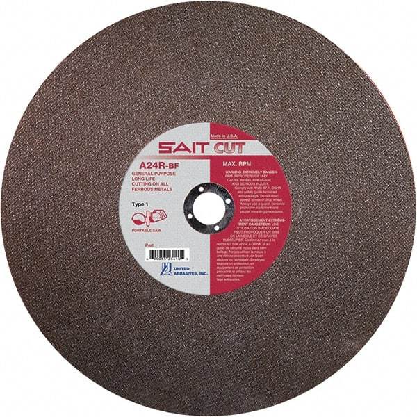 Sait - 14" 24 Grit Aluminum Oxide Cutoff Wheel - 1/8" Thick, 20mm Arbor, 5,460 Max RPM, Use with Portable Tools - Benchmark Tooling