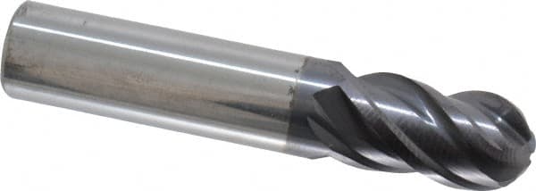 ProMax - 3/8" Diam, 5/8" LOC, 4 Flute Solid Carbide Ball End Mill - AlTiN Finish, Single End, 2" OAL, 3/8" Shank Diam, Spiral Flute - Benchmark Tooling