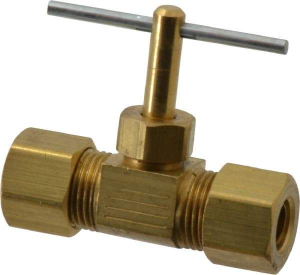 Parker - 5/16" Pipe, Inline Needle Valve - Compression x Compression Ends, Brass Valve, 150 Max psi - Benchmark Tooling
