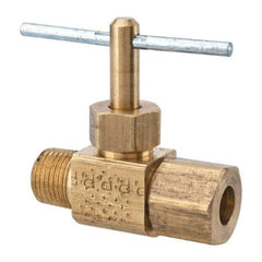 Parker - 1/4 x 1/8" Pipe, Inline Needle Valve - Compression x MNPTF Ends, Brass Valve, 150 Max psi - Benchmark Tooling