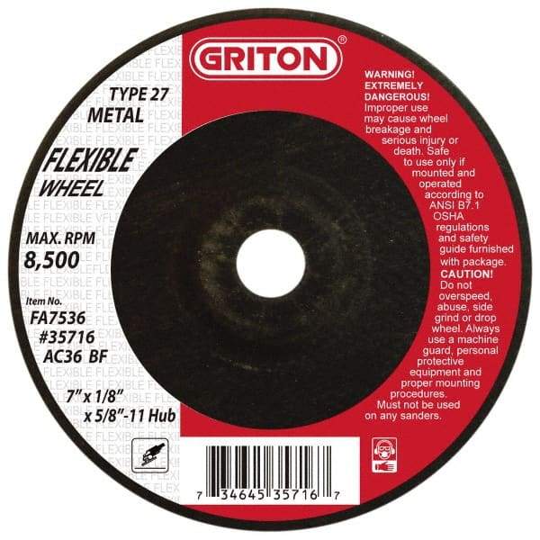Value Collection - 36 Grit, 7" Wheel Diam, 1/8" Wheel Thickness, Type 27 Depressed Center Wheel - Aluminum Oxide, 8,500 Max RPM - Benchmark Tooling