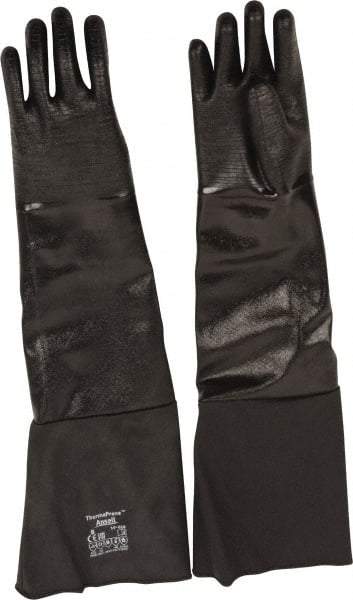 Ansell - Size M (8), 26" Long, 85 mil Thick, Supported, Neoprene Chemical Resistant Gloves - Textured Finish, Fleece/Jersey Lined, Gauntlet Cuff, ANSI Abrasion Level 3, ANSI Cut Level 2, Black, FDA Approved - Benchmark Tooling