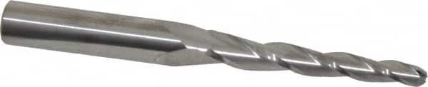 SGS - 2° Taper Angle per Side, 3/16" Small End Diam, 1-3/4" LOC, Solid Carbide 3 Flute Tapered Ball End Mill - 3-1/2" OAL, 3/8" Shank Diam, Spiral Flute, 28° Helix - Benchmark Tooling