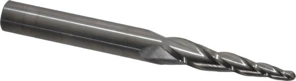 SGS - 5° Taper Angle per Side, 1/8" Small End Diam, 1-1/2" LOC, Solid Carbide 3 Flute Tapered Ball End Mill - 3-1/2" OAL, 3/8" Shank Diam, Spiral Flute, 28° Helix - Benchmark Tooling