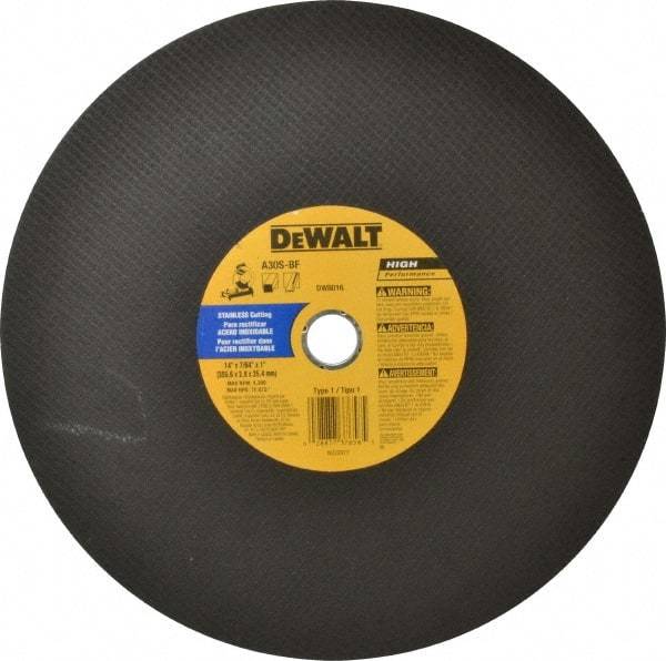 DeWALT - 14" Aluminum Oxide Cutoff Wheel - 7/64" Thick, 1" Arbor, 4,300 Max RPM, Use with Stationary Tools - Benchmark Tooling