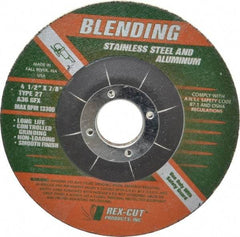 Rex Cut Product - 36 Grit, 4-1/2" Wheel Diam, 1/4" Wheel Thickness, 7/8" Arbor Hole, Type 27 Depressed Center Wheel - Aluminum Oxide, Rubber Bond, 13,300 Max RPM, Compatible with Angle Grinder - Benchmark Tooling
