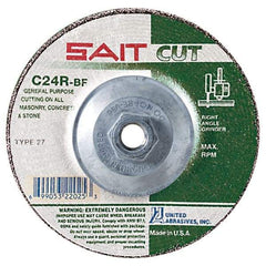 Sait - 24 Grit, 5" Wheel Diam, 1/8" Wheel Thickness, Type 27 Depressed Center Wheel - Silicon Carbide, Resinoid Bond, R Hardness, 12,200 Max RPM, Compatible with Angle Grinder - Benchmark Tooling