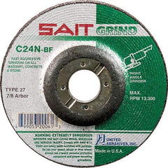 Sait - 24 Grit, 9" Wheel Diam, 1/4" Wheel Thickness, 7/8" Arbor Hole, Type 27 Depressed Center Wheel - Silicon Carbide, Resinoid Bond, N Hardness, 6,600 Max RPM, Compatible with Angle Grinder - Benchmark Tooling