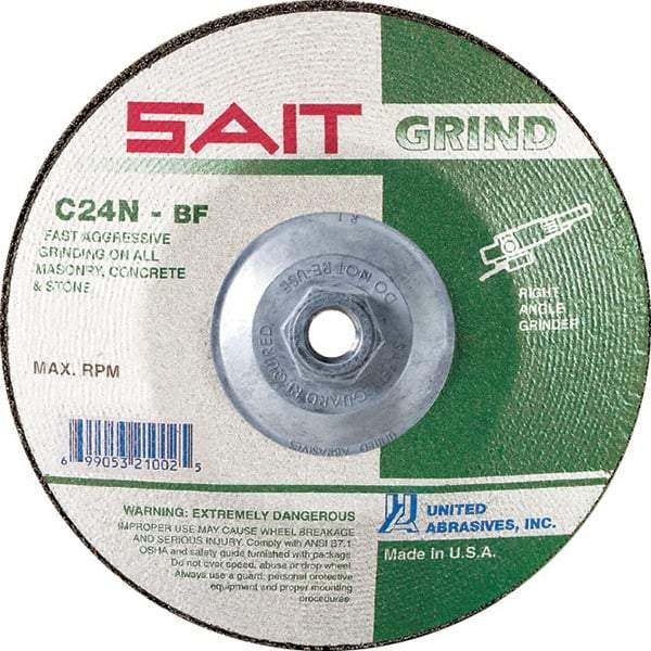 Sait - 24 Grit, 9" Wheel Diam, 1/4" Wheel Thickness, Type 27 Depressed Center Wheel - Silicon Carbide, Resinoid Bond, N Hardness, 6,600 Max RPM, Compatible with Angle Grinder - Benchmark Tooling