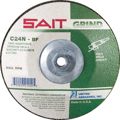 Sait - 24 Grit, 9" Wheel Diam, 1/4" Wheel Thickness, Type 27 Depressed Center Wheel - Silicon Carbide, Resinoid Bond, N Hardness, 6,600 Max RPM, Compatible with Angle Grinder - Benchmark Tooling
