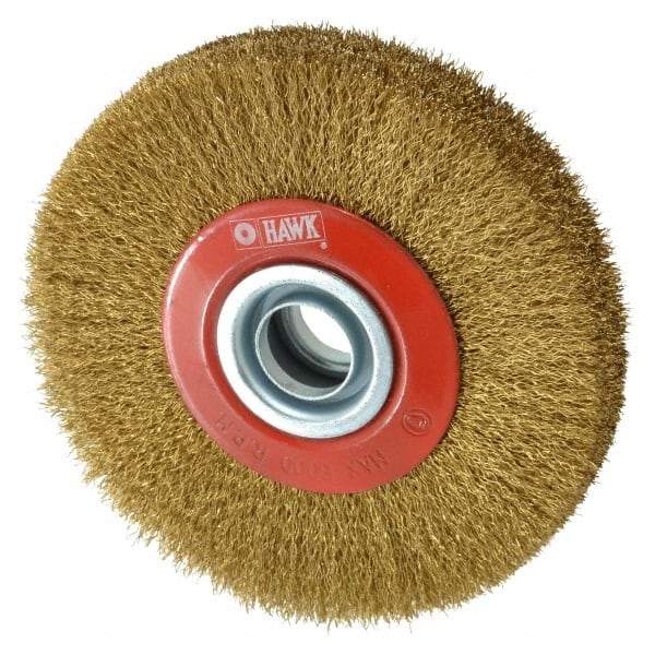 Value Collection - 5" OD, 3/4" Arbor Hole, Crimped Brass-Coated Steel Wheel Brush - 1" Face Width, 1-3/32" Trim Length, 0.007" Filament Diam, 6,000 RPM - Benchmark Tooling