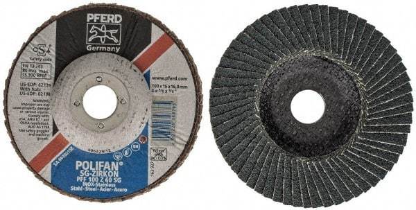 PFERD - 60 Grit, 4" Disc Diam, 5/8" Center Hole, Type 27 Zirconia Alumina Flap Disc - 15,300 Max RPM, Fiberglass Backing, Arbor Attaching System, Coated - Benchmark Tooling